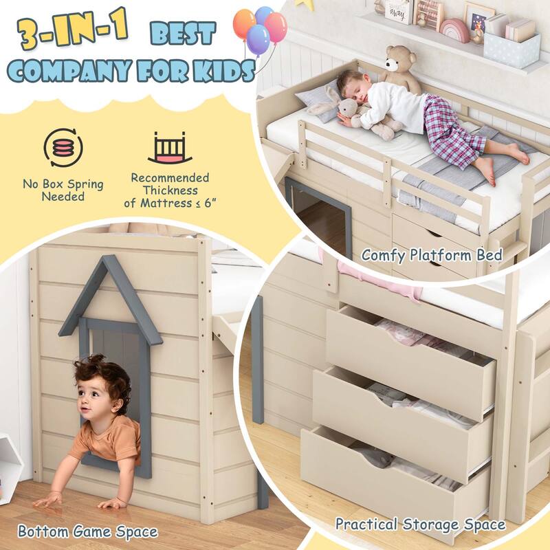 Twin Low Loft bed with Slide Ladder Storage Drawers Play Game Space