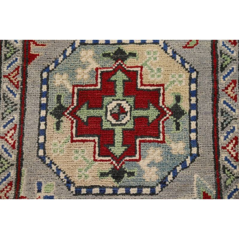 Hand Knotted Oriental 100% Wool Carpet Traditional Geometric Greys & Charcoal Kazak Runner Rug - 13' 3'' X 2' 8''