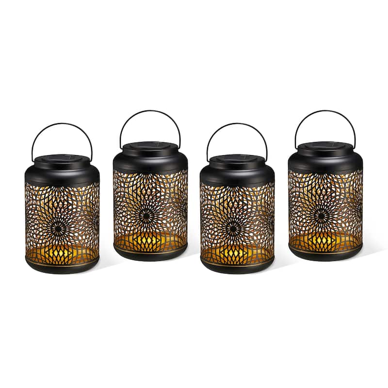 Glitzhome 8.75"H Outdoor Waterproof Metal Solar Hanging Lantern with Flower Leaves Decor