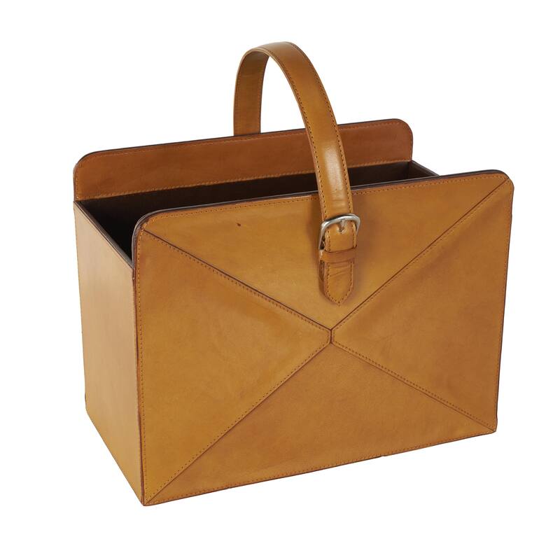 Brown or Black Leather Handmade Box Style Single Slot Decorative Magazine Holder with Detail Stitching and Curved Buckle Handles