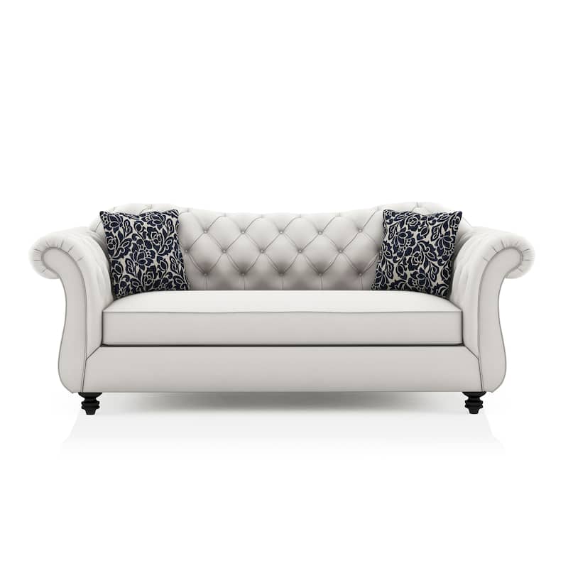 Addae Glam White Fabric Upholstered Rolled Arms Tufted Sofa by Furniture of America
