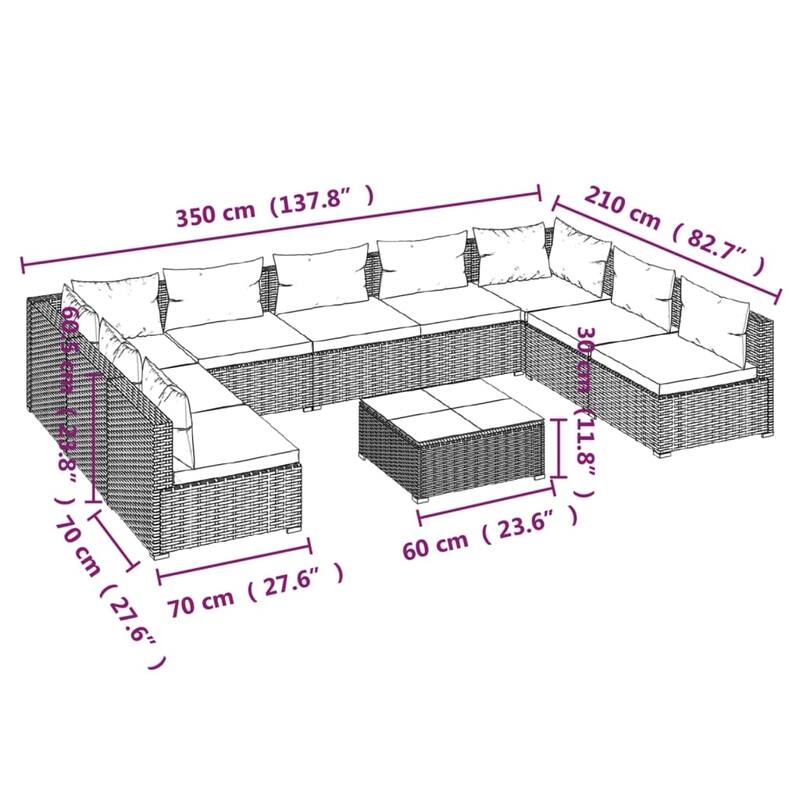 vidaXL 7 Piece Patio Lounge Set with Cushions Poly Rattan Brown - 27.6" x 27.6" x 24" - 27.6" x 27.6" x 24"