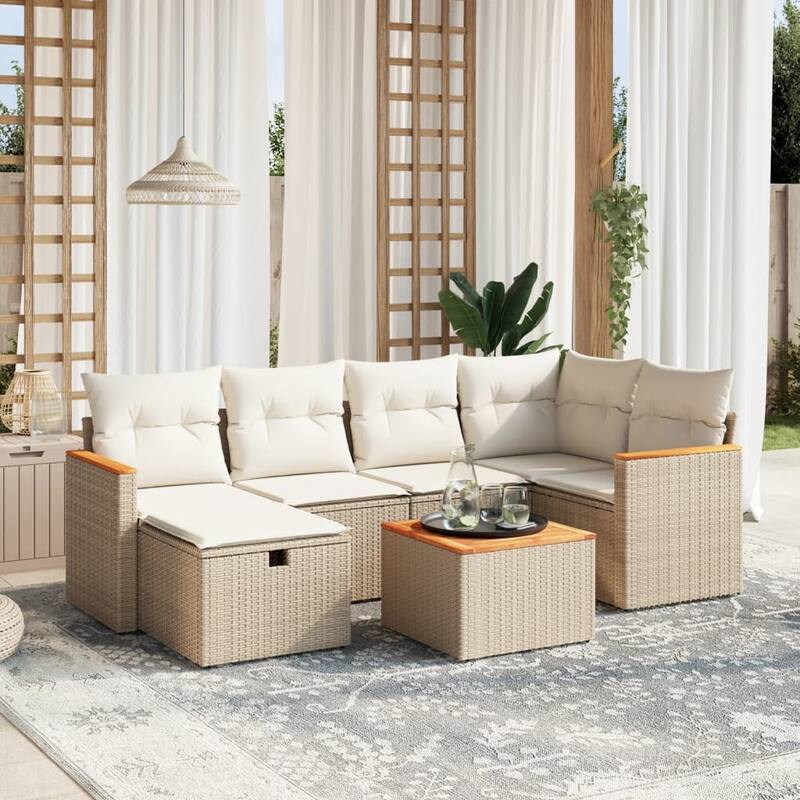 vidaXL Patio Sofa Set with Cushions Outdoor Conversation Furniture Poly Rattan - Beige and cream with table - 24.4 x 24.4 x 27.2 in