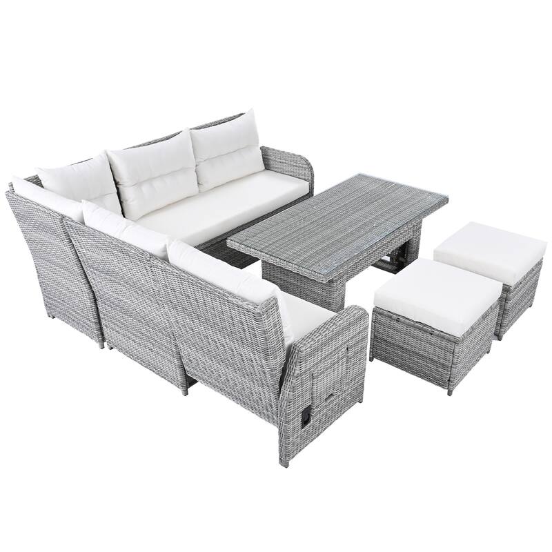 All Weather Outdoor Patio Conversation Sofa Set Rattan L Shaped Sectional Recliners Sofa with Adjustable Table and 2 Ottoman