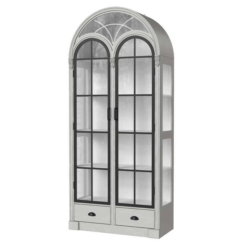 Arched Glass Door Display Cabinet with Iron Frame, Tall Curio Bookcase with Drawers, Farmhouse Storage Cabinet