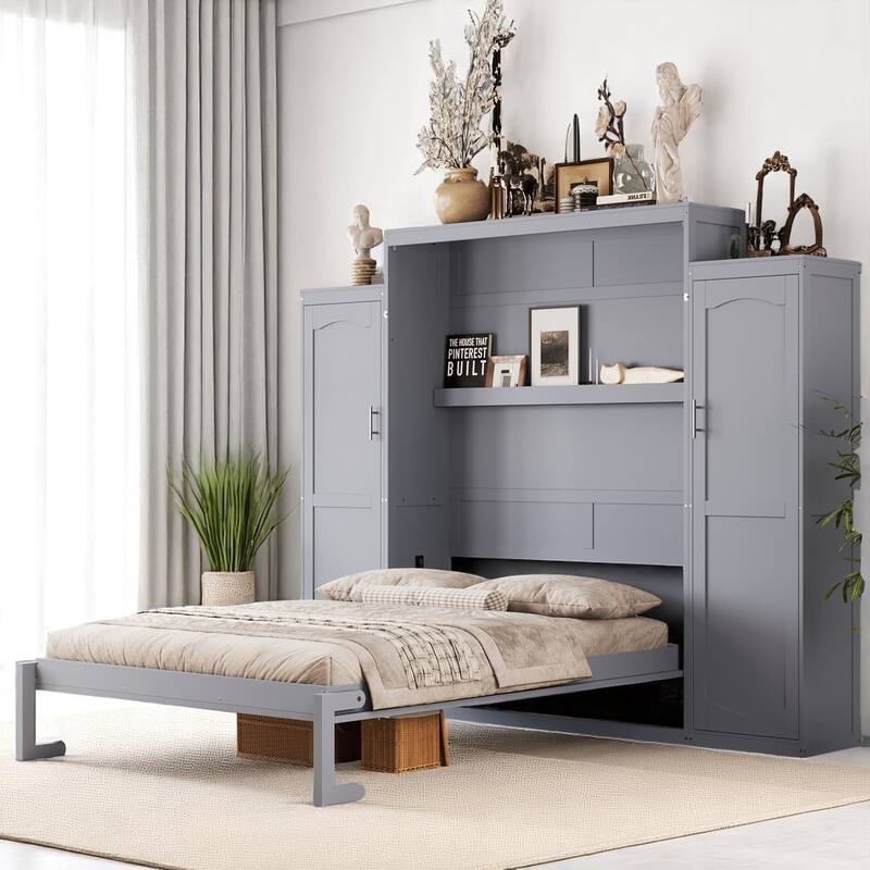 Full/Queen Murphy Bed with 2 Wardrobes and Shelf, Foldable Wall Bed Frame with Storage for Guest Room or Bedroom - Grey - Queen