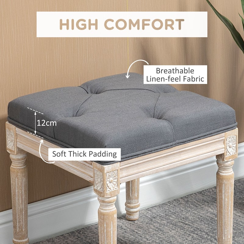 Upholstered Foot Stool with Button-Tufted Linen Cushion and Fluted Wooden Legs for Living Room