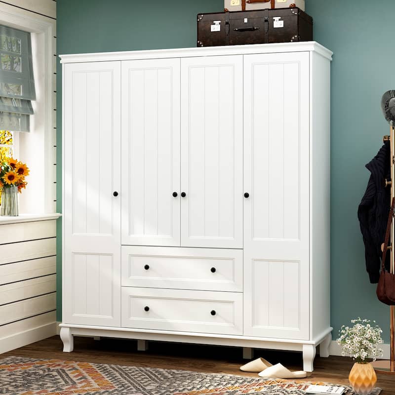 63"W Wood Family Wardrobe Armoire Closet White Lacquer Clothing Rods