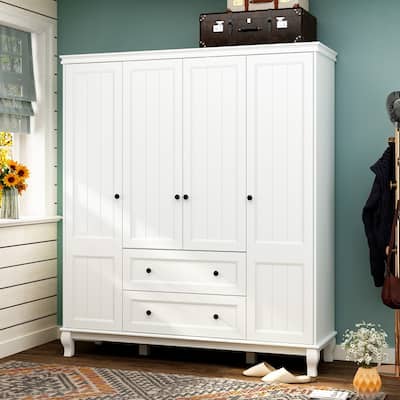 63"W Wood Family Wardrobe Armoire Closet White Lacquer Clothing Rods