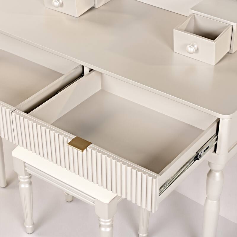Luxury Vanity Table Set with Height-Adjustable Round Mirror, 4 Drawers & PU Stool, Elegant Makeup Desk for Bedroom