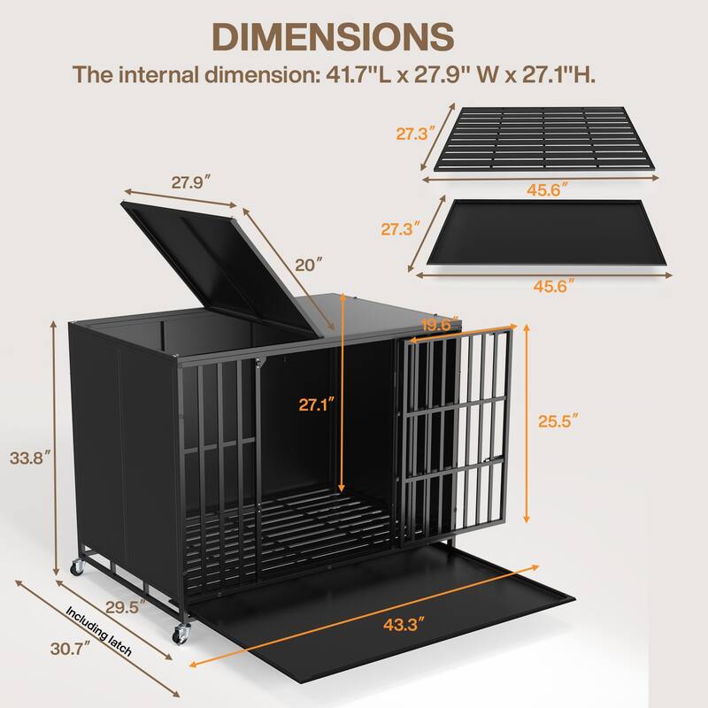 BOSSIN 48/42 inch Heavy Duty Steel Dog Crate Kennel with Wheels, Escape-Proof, Removable Tray for Large Dogs, Black