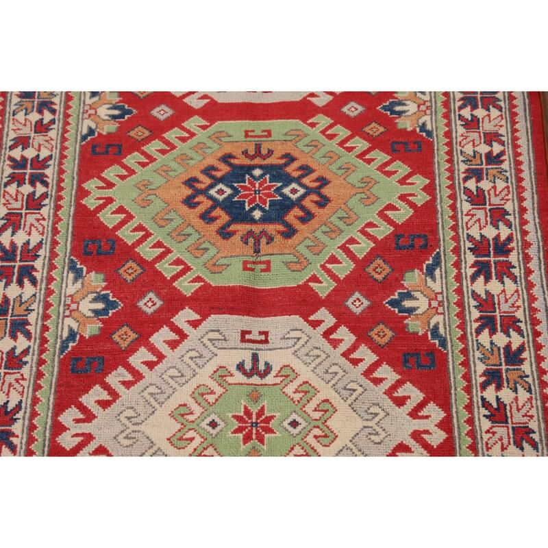Geometric Kazak Rug Handmade Wool Carpet - 3'2"x 5'0"