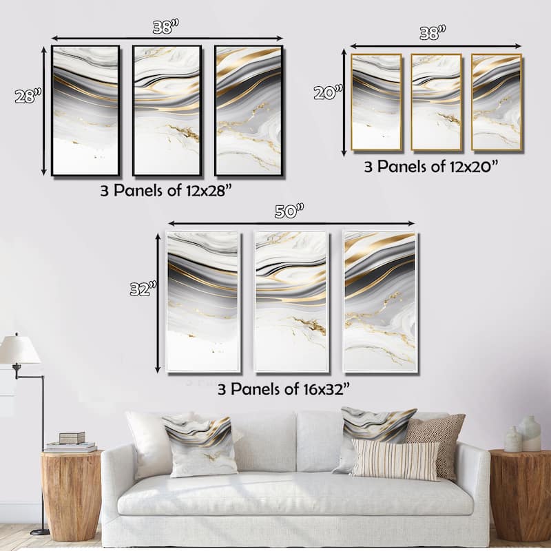 Designart "Abstract Geode Marble Waves Grey III" Modern Waves Framed Canvas Art Print - 3 Panels