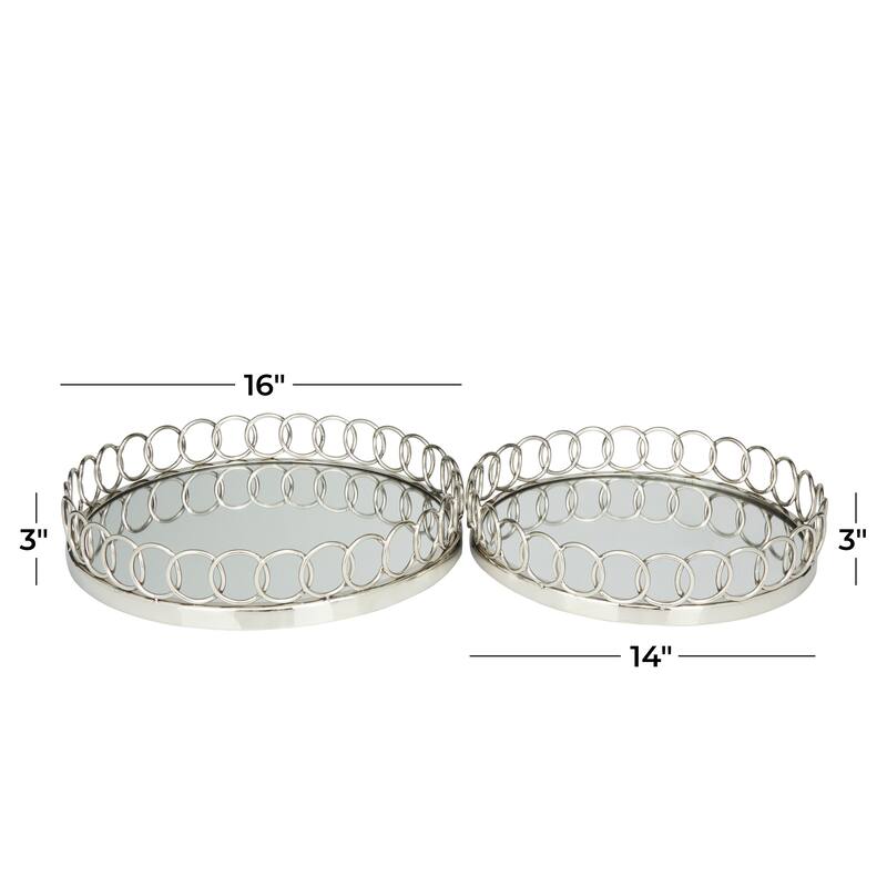 Silver Stainless Steel Metal Mirrored Tray with Circle Patterned Sides (Set of 2) - 16", 14"W