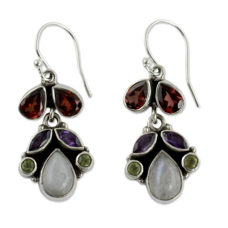 Sterling Silver 'Indian Rainbow' Multi-gemstone Earrings - Multi-Stone - Blue - White - Green