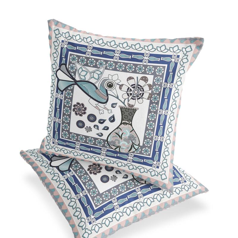 HomeRoots Set of Two 16" X 16" Gray and White Peacock Blown Seam Floral Indoor Outdoor Throw Pillow - 16.00' X '16.00' X '5.00