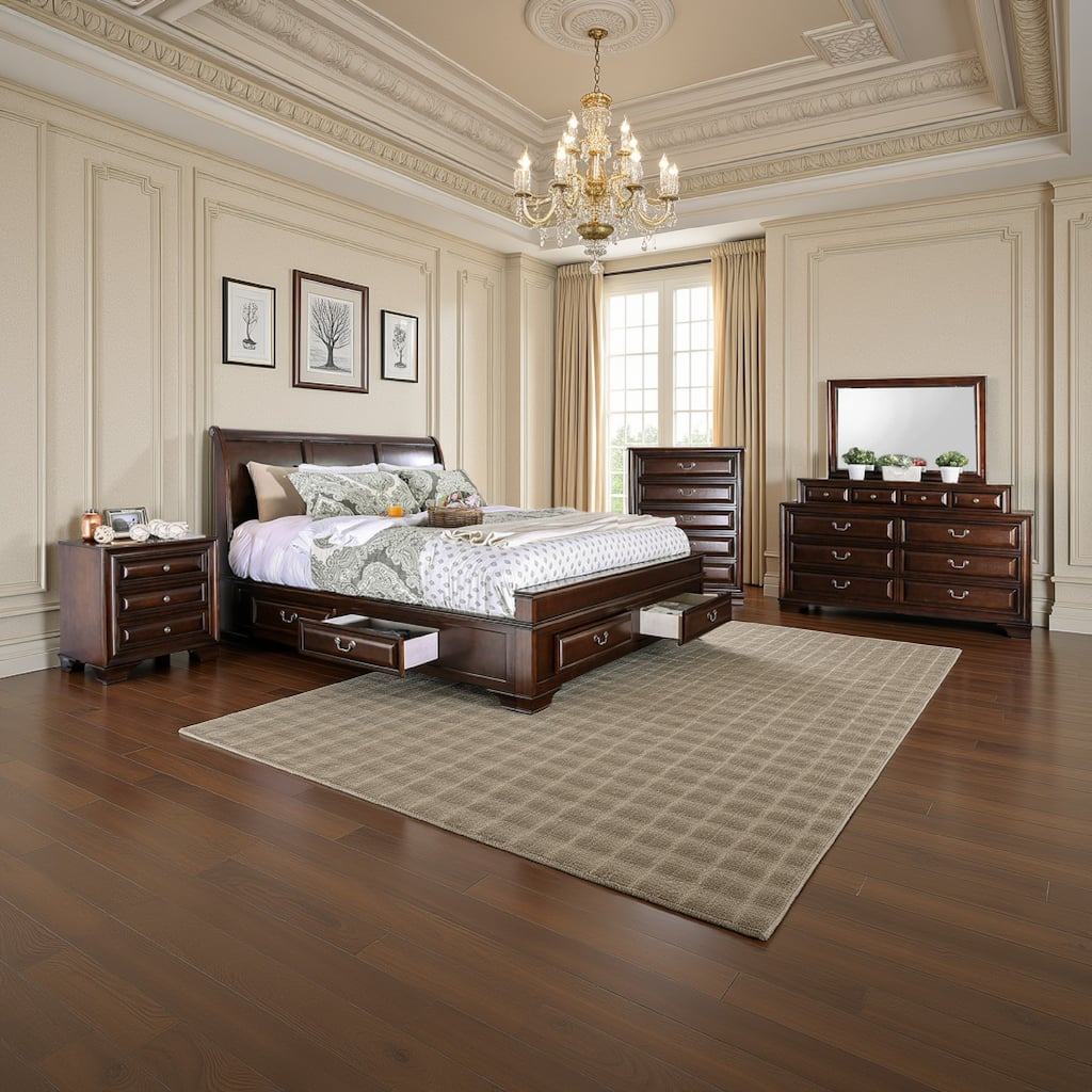 Lio Four Piece King Size Bedroom Set, Cherry Brown Wood Inlay Design, Silver Metal Handles