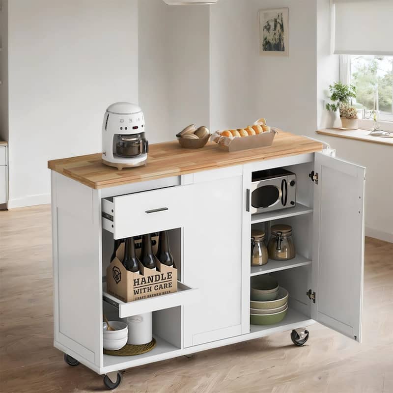 Rolling Kitchen Island w/ Foldable Counter Top,Towel Rack and Drawer - White