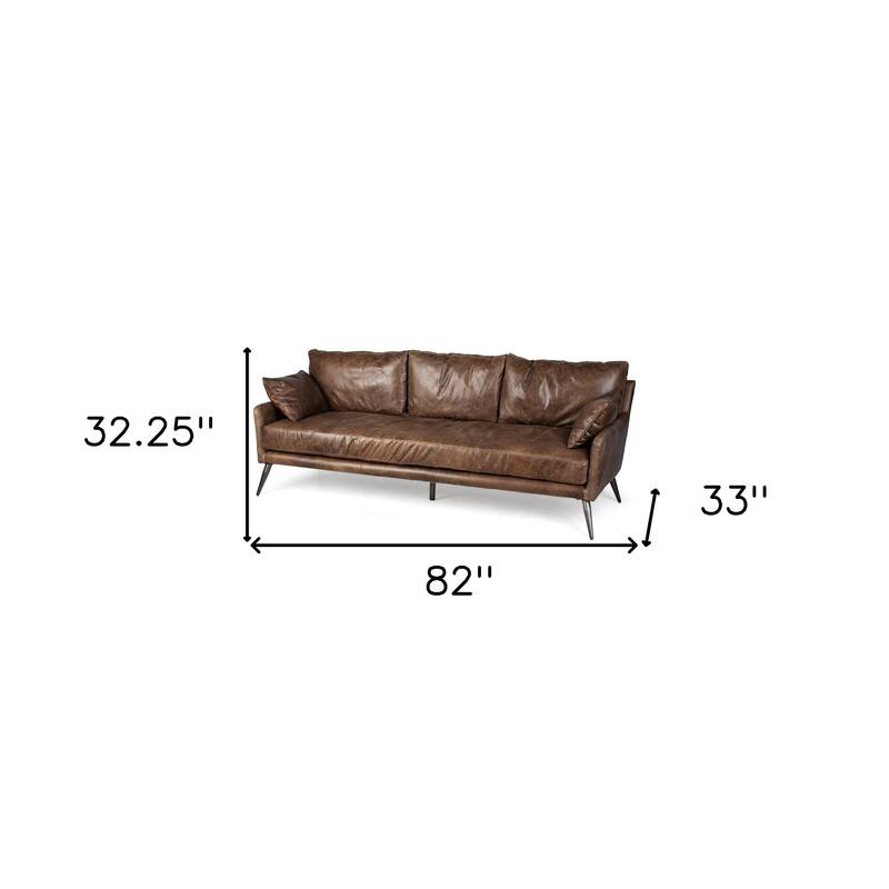 HomeRoots 82" Dark Brown Rustic Leather Sofa With Toss Pillows