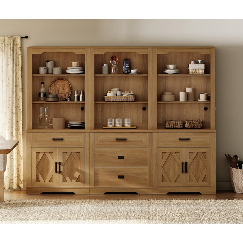 3-Column 73.3" Tall Bookshelf Set with Open Storage and Glass Doors - Walnut - 3 Open Shelf