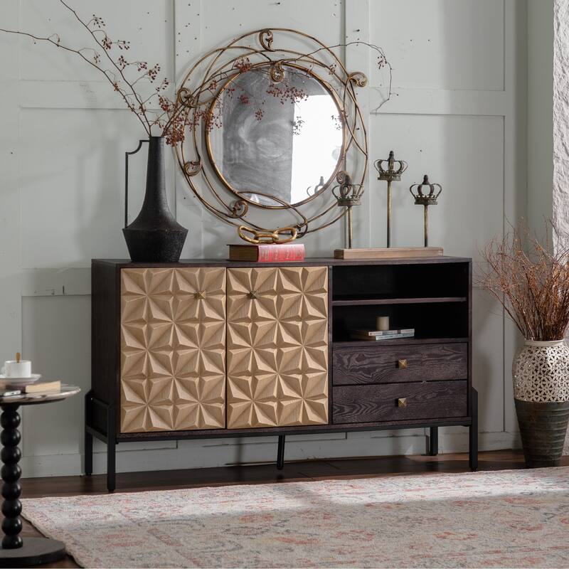 Roomfitters Modern Solid Wood Sideboard Cabinet, Geometric Pattern Storage Console with 2 Doors and Open Shelves, Natural