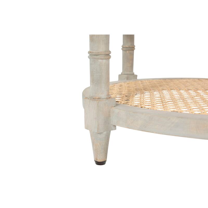 Round Mango Wood Table with 2 Cane Shelves