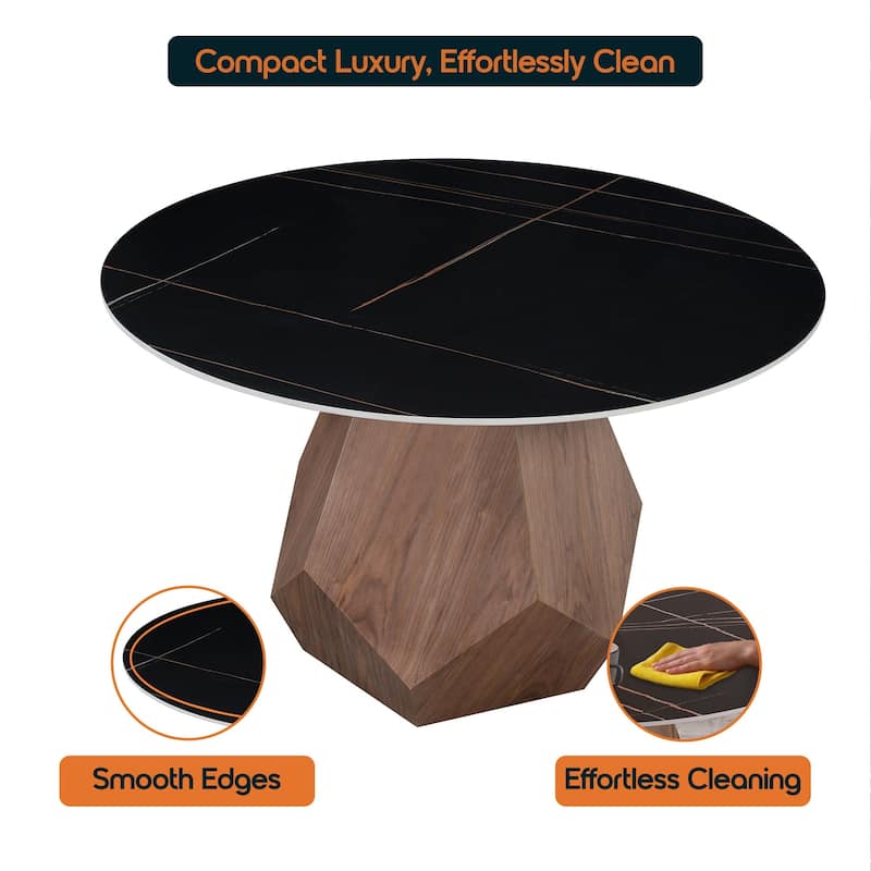 Nebo Round 47" Tempered Glass or Sintered Stone Top Dining Table with Geometric Design Ashwood Pedestal Base Kitchen Table