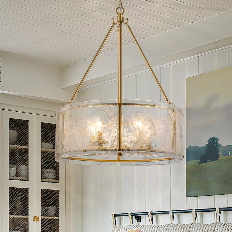 Modern 5-Light 20.5" Lantern Drum Chandelier Water Ripple Glass Pendant for Dining Room - White - Gold