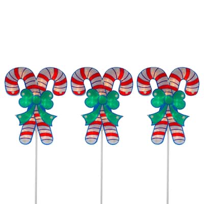 Set of 3 Lighted Holographic Candy Cane Christmas Pathway Markers 25.5"