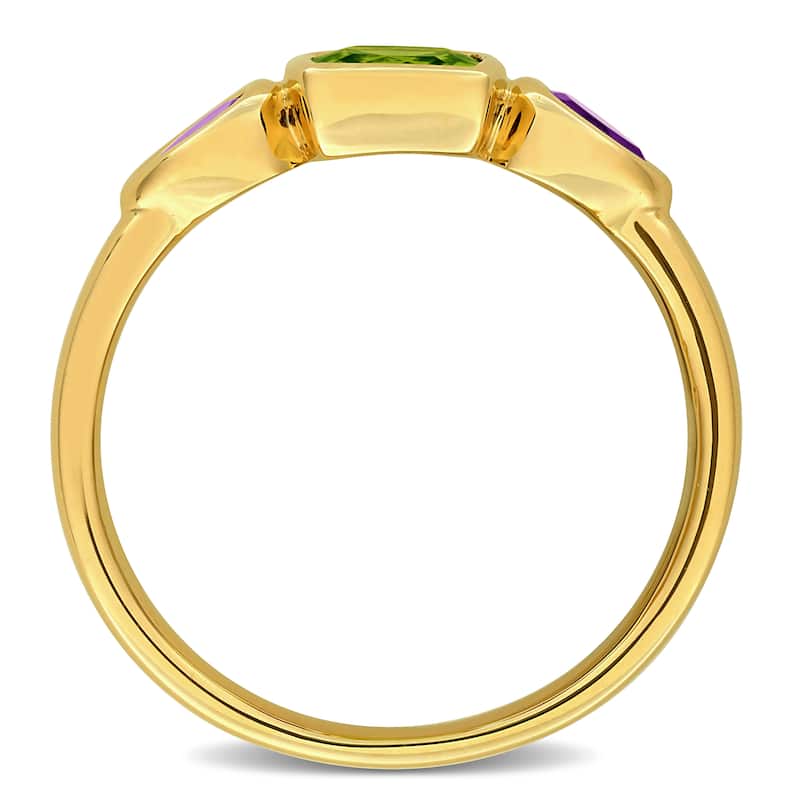 Miadora 1ct TGW Cushion-Cut Peridot and Pear-Cut Amethyst 3-Stone Ring in 10k Yellow Gold