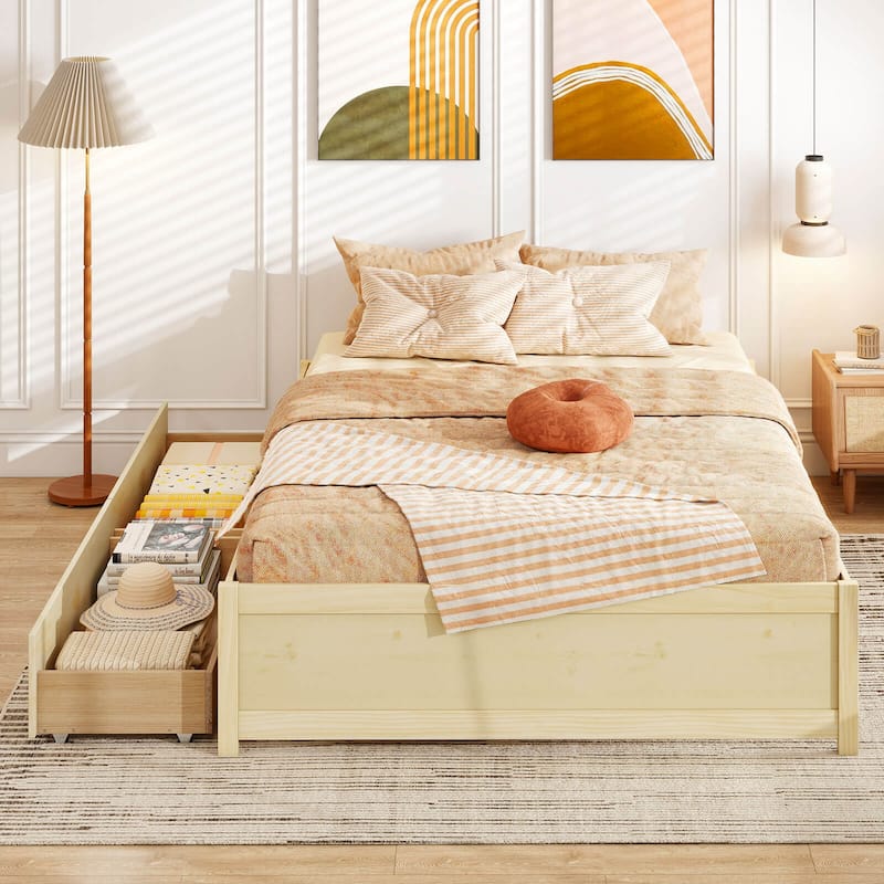 Costway Full/Queen Size Wooden Platform Bed with 2 Rolling Storage