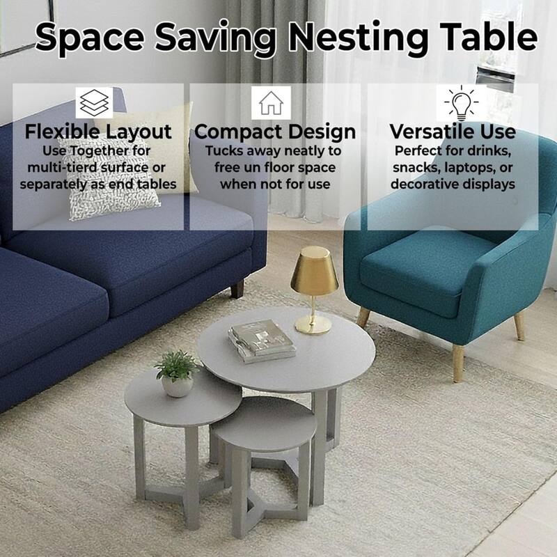 Aria Home Avanti Nesting Trio 3 Piece Wood Nesting Table Set