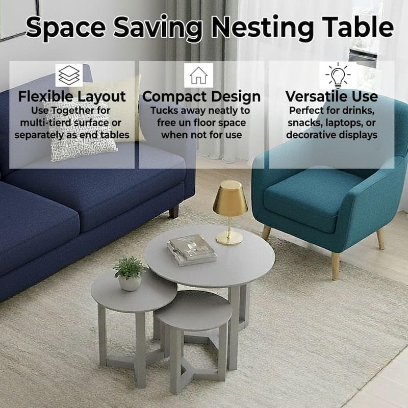 Modern Wood Nesting Tables 3 Nested Side/ End Tables (Set of 3) - Grey