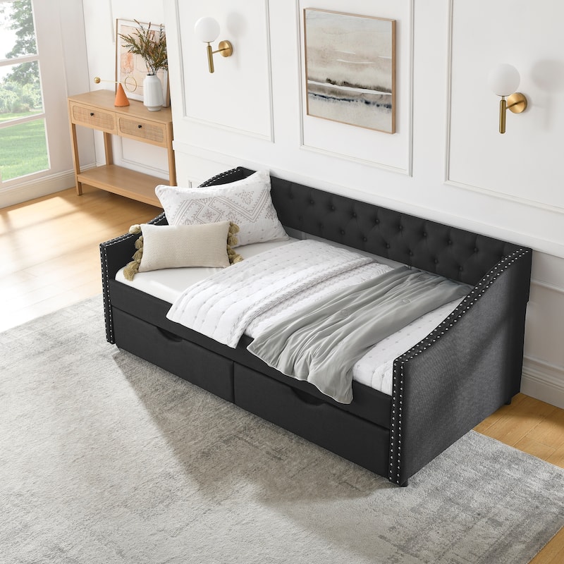 Tufted Button Daybed with 2 Storage Drawers/Upholstered Sofa Bed Frame w/Copper Nail on Waved Shape Armrests/No Spring Box Need