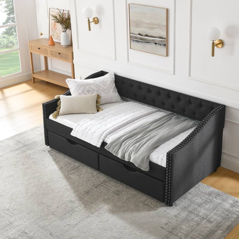 Twin Size Linen Upholstered Daybed Frame with 2 Drawers & Tufted Backrest