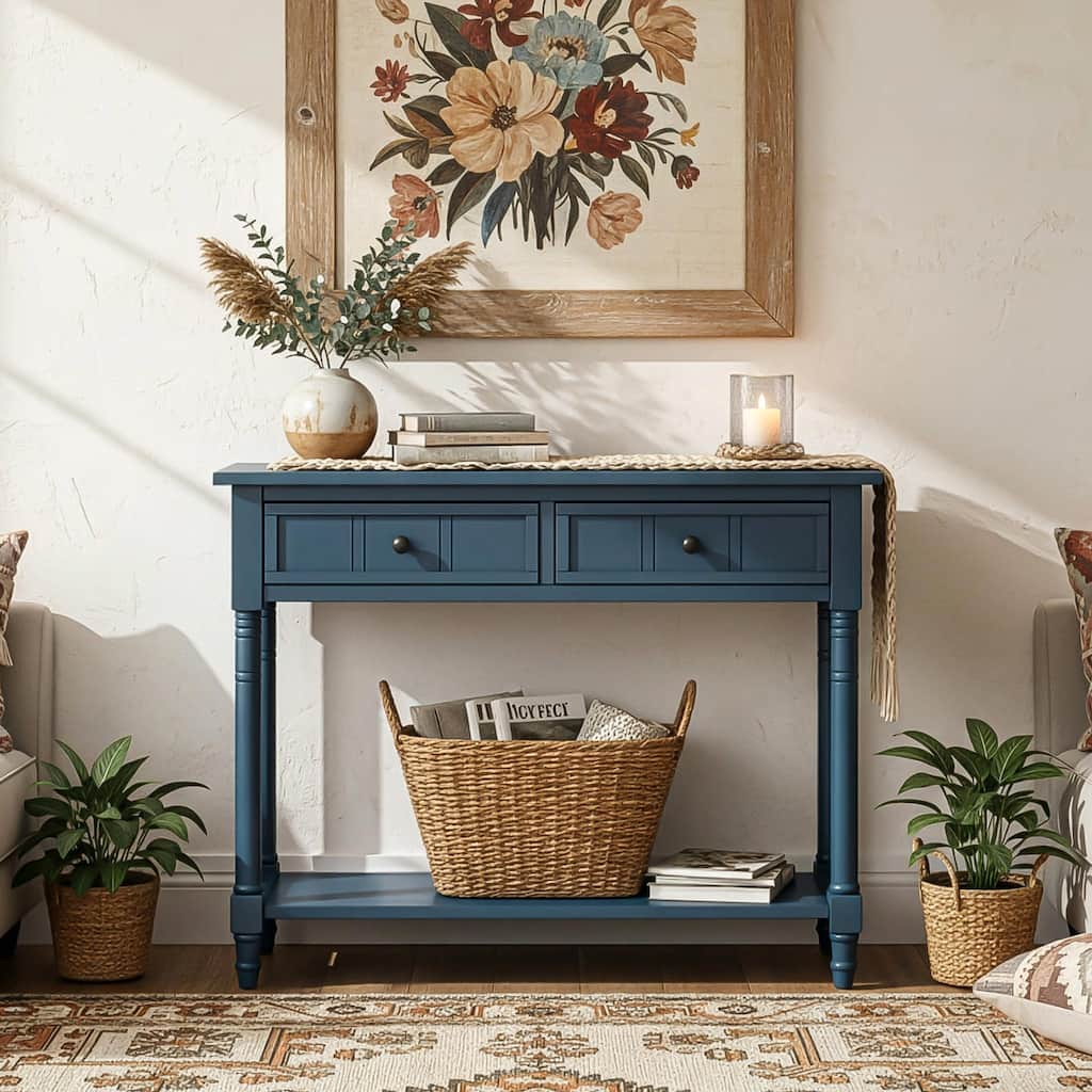 Daisy Series Console Table with Traditional Design, Two Drawers, and Bottom Shelf