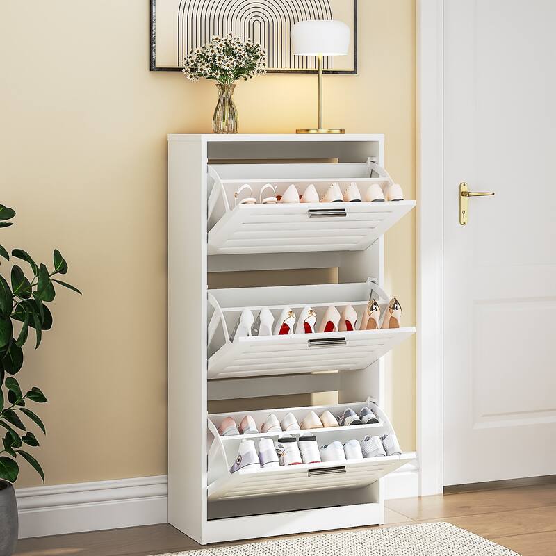 VECELO White 3-Tier Shoe Cabinet with Flip Drawer Silver Handles 47.24" Tall MDF Rack Removable laminate Design for Entryway