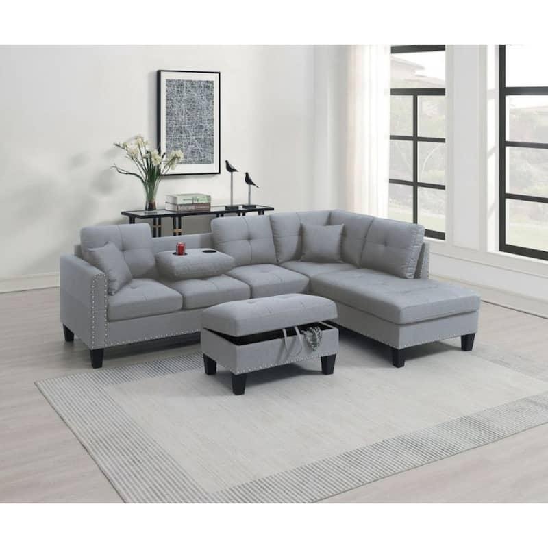 Living Room Furniture 3-PCS Sectional Sofa Set LAF Sofa RAF Chaise And Storage Ottoman - Gray+Fabric