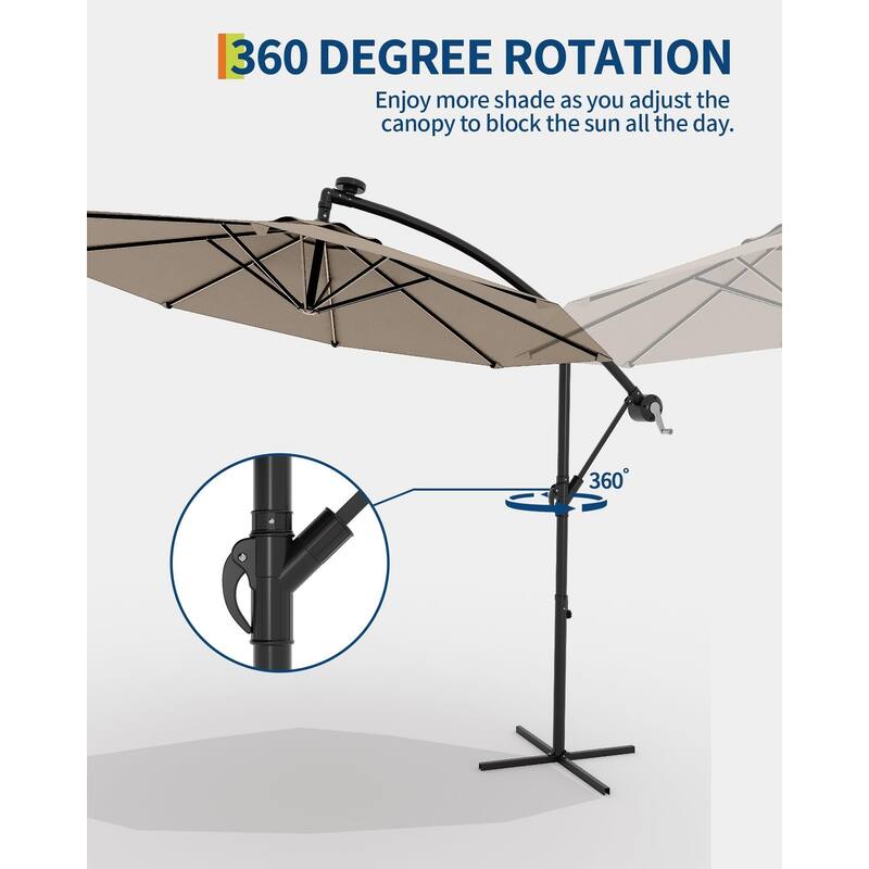 Coromose 10FT Hanging Cantilever Umbrella, 8 Ribs, 360 Rotating Base