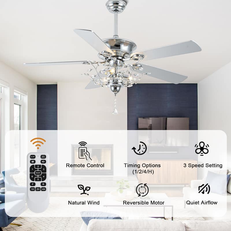 Bella Depot 52-inch Modern Crystal Ceiling Fan with Light Kit and Remote, 6-Speed Reversible Fandelier - 52"