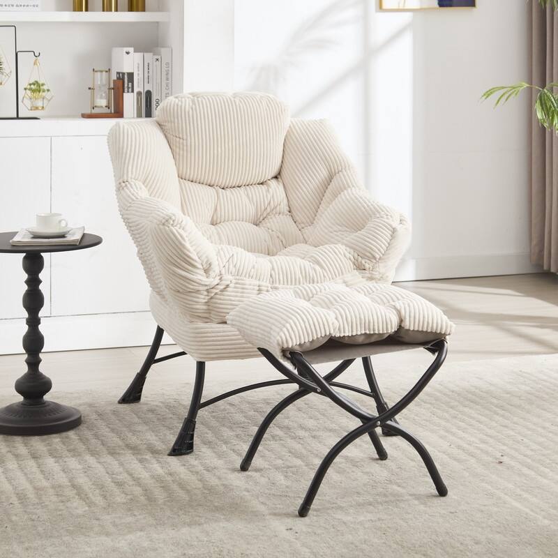 Modern Lounge Chair with Ottoman - Plush Reading Accent Chair with Footrest and Side Pocket - White