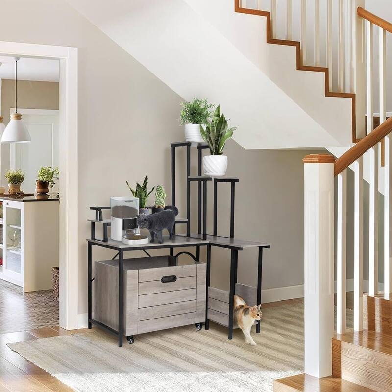 Litter Box Enclosure Cat Tree - Grey