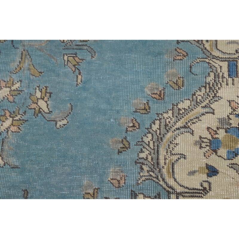Blue Traditional Tabriz Persian Vintage Rug Hand-Knotted Wool Carpet - 7'10" x 10'10"