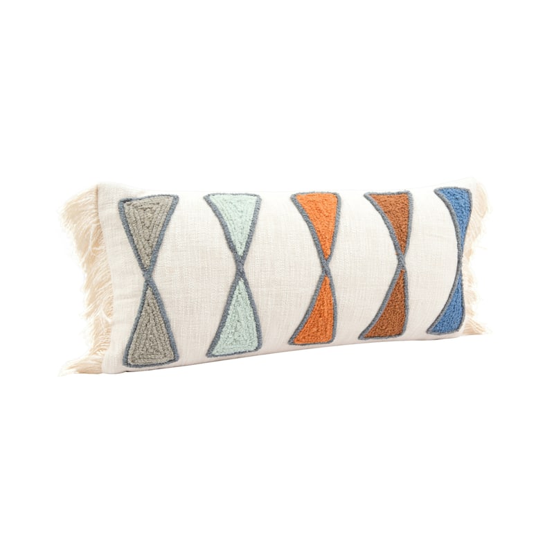 Cotton Lumbar Pillow with Embroidery and Fringe