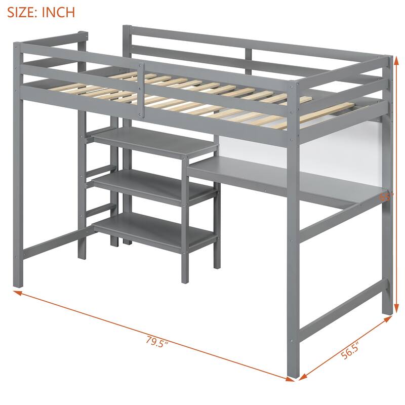 Twin Size Wooden Loft Bed with Built-In Desk, 3-Tier Shelves, Writing Board and Safety Guardrails, Space-Saving Design