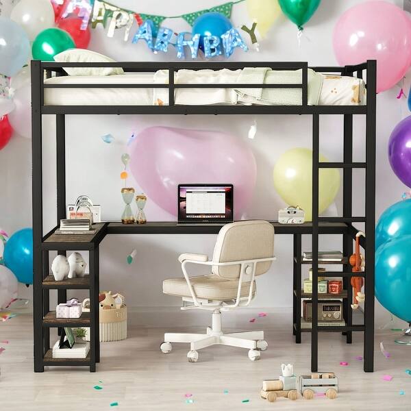 slide 2 of 13, Modern Full Size Metal Loft Bed with Desk and Shelves and Ladder and Guardrails,Multi-scene Use Black