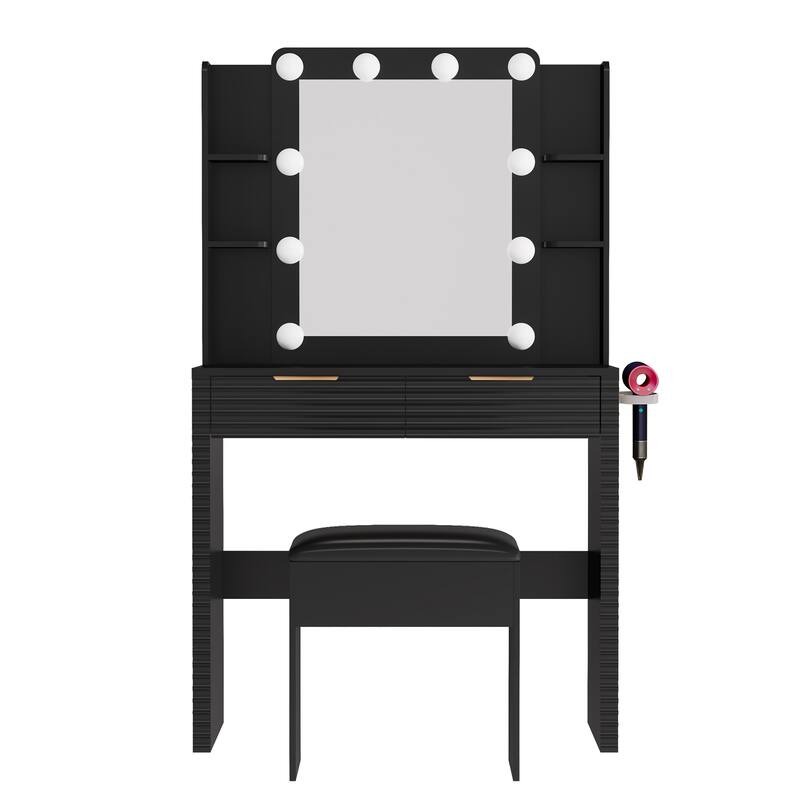 Makeup Vanity with 10 Hollywood Bulb Lights & Charging Station, Fluted Dressing Table with Storage Stool