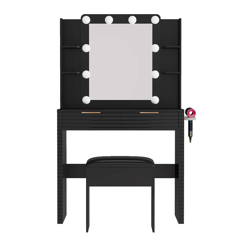 Roomfitters Makeup Vanity Table with Hollywood Lighted Mirror, Fluted Ribbed Drawers, Hair Dryer Holder and Stool, Black