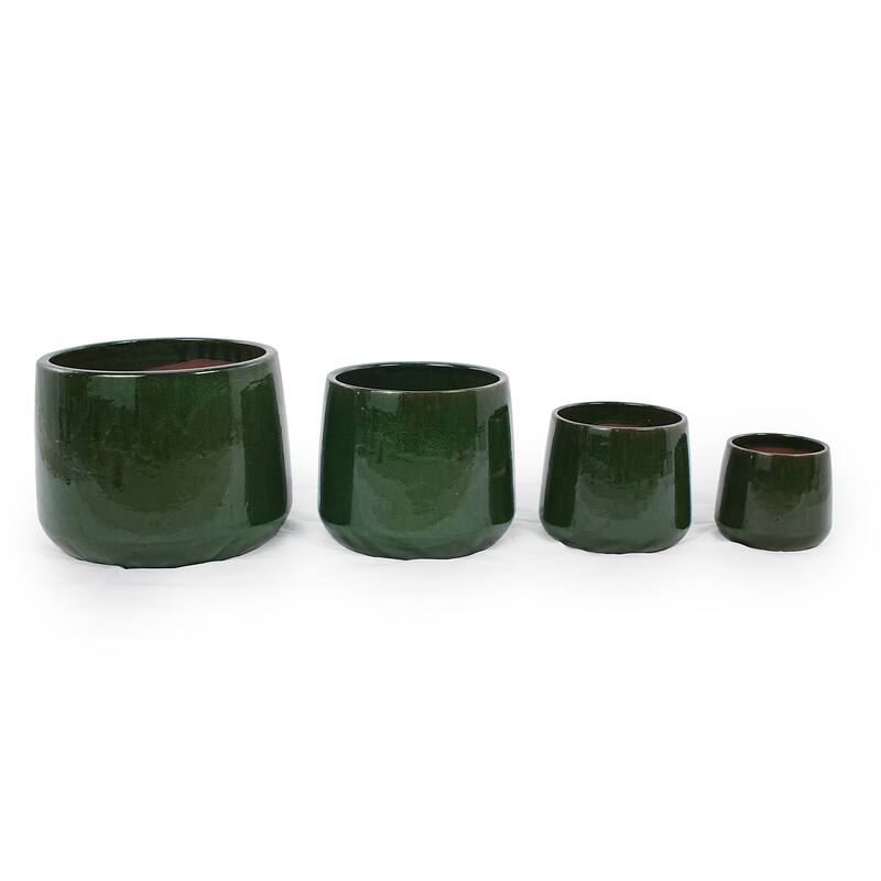 Antique Green Ceramic Planter Set of 4 - 13.8" Square Modern Plant Pots with Drainage & Stripes