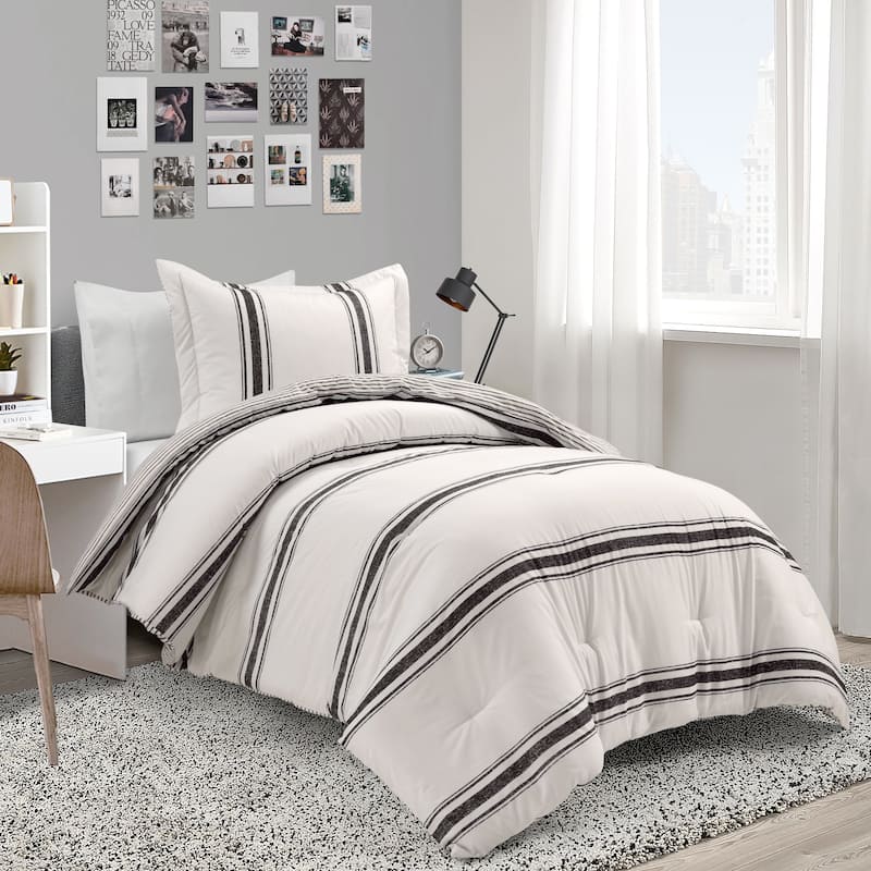 Lush Decor Farmhouse Stripe Reversible Cotton 2 Piece Comforter Set - Black
